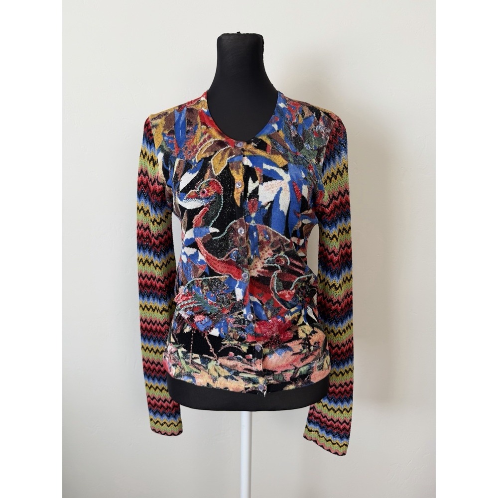 VTG Alberto Makali Cardigan Sweater Sz S Beaded Bird Print Y2K Art Knit Buttons